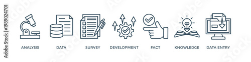 Research banner web icon vector illustration concept with icon of analysis, data, survey, development, fact, knowledge and data entry