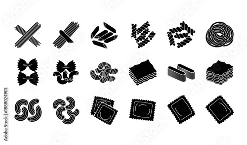 Assorted Pasta Silhouette Icon Grid Minimal Italian Food Shapes Vector Collection