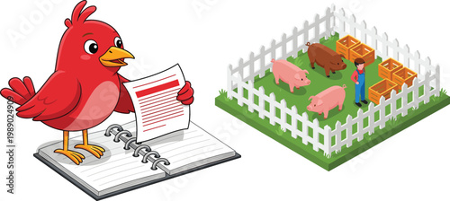 Cartoon Bird Reading Notebook with Farm Scene Featuring Pigs in Fence and Farmer Feeding Animals Vector Illustration Set