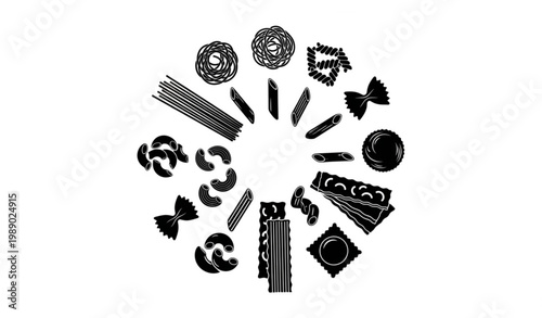 Assorted Pasta Shapes Silhouette Circular Set Minimalist Italian Food Vector Collection