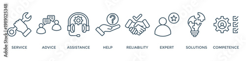 Support banner web icon vector illustration concept with icon of service, advice, assistance, help, reliability, expert, solutions and competence