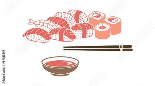 Japanese sushi bar icon set with stylized fish, soy sauce, and chopsticks in cut-out vector style.