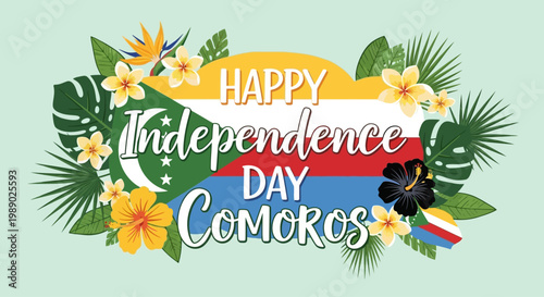 Tableau sur toile Happy Independence Day Comoros celebration with tropical floral elements
