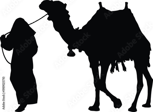 Black silhouette of bedouin leading a camel