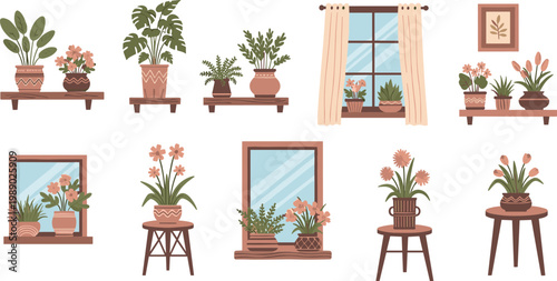 Indoor plant decor vector illustrations showing shelves, stools, windows, mirrors, and potted greenery with flowers