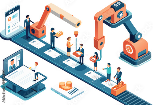 An illustration of a modern automated workflow with people and robots working together