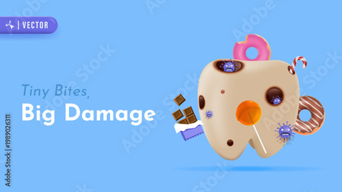 Damaged Tooth with Sweets Showing Sugar Impact and Dental Health Awareness Illustration
