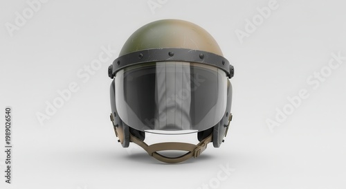 Detailed studio render of a modern combat protection helmet featuring a clear ballistic visor and