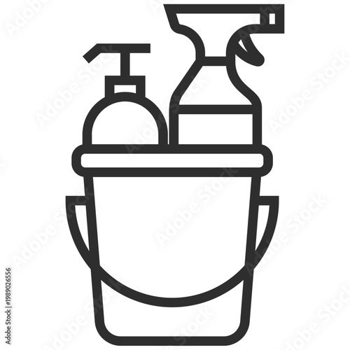 Cleaning Supplies Icon: A vector graphic showcasing essential cleaning supplies. A bucket holds a bottle of cleaner with a spray nozzle and a dispenser bottle. Clean, minimal design.
