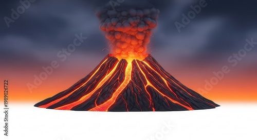 Dynamic volcanic eruption with glowing lava streams flowing down the dark mountain under a stormy