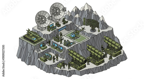 Isometric 3D illustration showcasing a detailed military base design with radar dishes, missile launchers, and various vehicles positioned across rocky terrain in a strategic layout, all