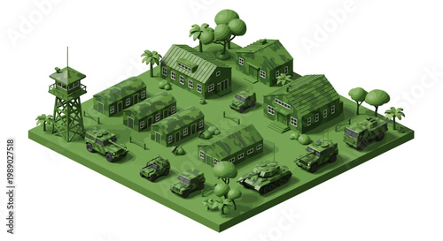 Isometric vector illustration showing a 3D military base with various buildings, vehicles, and a watchtower in a low-angle composition on a green surface conveying a strategic and organized