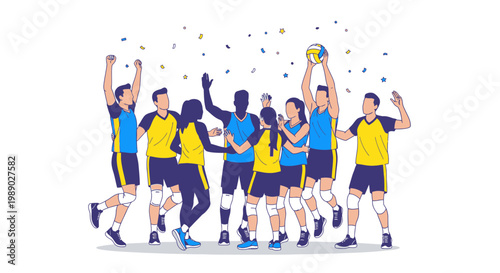 Group of men celebrating sports victory.