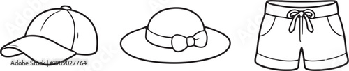 Black and white illustration of summer clothing and accessories