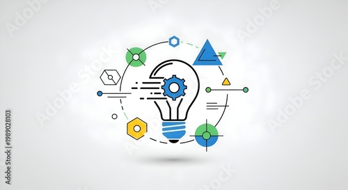 Abstract lightbulb with gears and geometric shapes on a white background, representing innovation and technology.