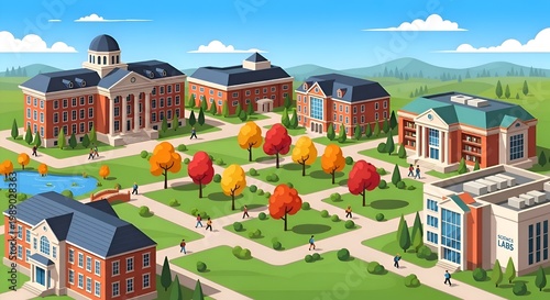 Scenic college campus illustration with brick buildings and autumn trees.