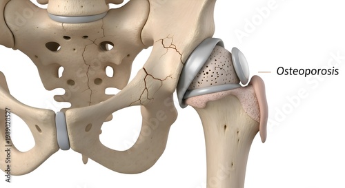 Osteoporosis illustration showing bone damage and bone loss in the hip joint.