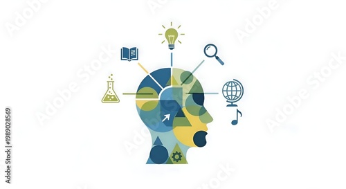 Creative mind concept with light bulb, book, flask, gear, globe, music note and magnifying glass on white background.