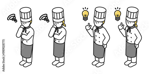 アイソメトリックイラスト:アイデアを思いつくシェフ 考えるシェフ