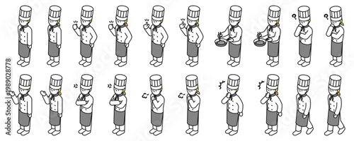 アイソメトリックイラスト：色々なポーズのシェフ