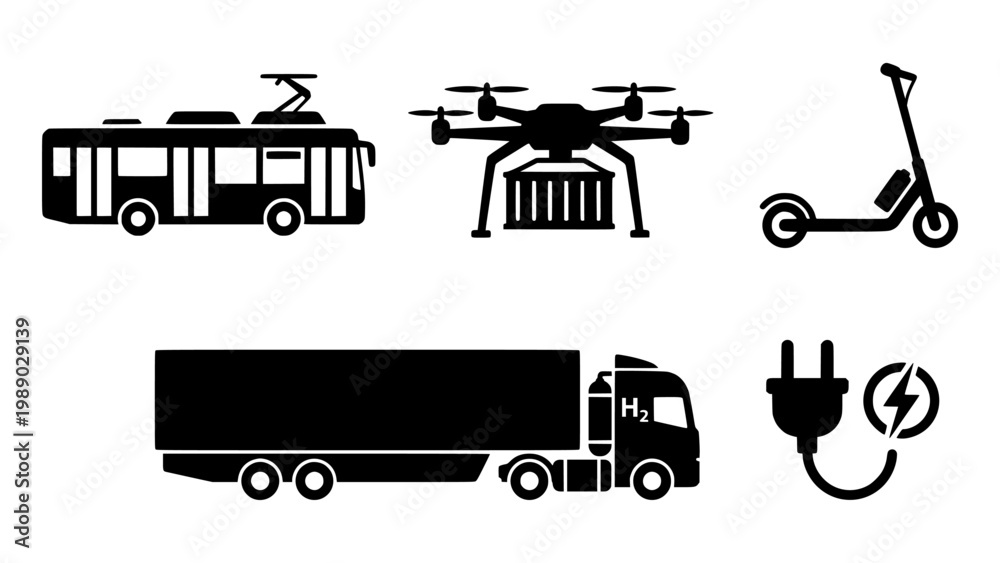 Fototapeta premium vector icon set of sustainable transportation: an electric bus, a cargo drone, an electric scooter, a hydrogen-powered truck, and a charging plug icon