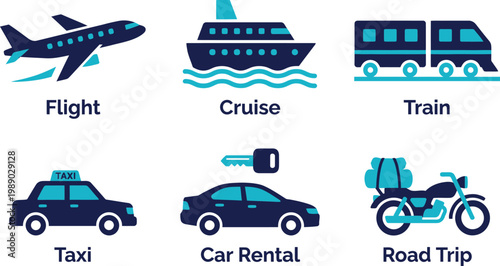 Transportation modes include flight, cruise, train, taxi, car rental for road trips