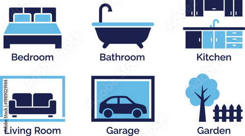 A modern house with various rooms and icons including a bedroom, bathroom, kitchen, living room, garage, and garden with a tree and fence displayed.