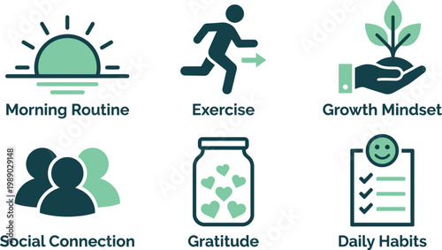 A person cultivates a growth mindset through daily habits and exercise, incorporating gratitude and social connection into their morning routine for a productive day.