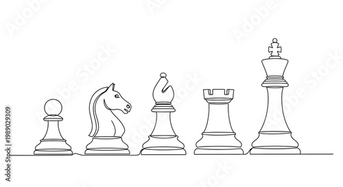 Chess Pieces Line Art - Pawn, Knight, Bishop, Rook, King