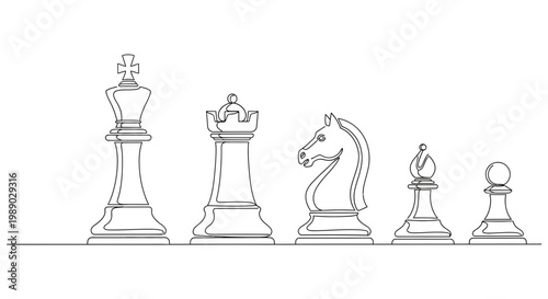 Chess Pieces Line Art: King, Queen, Knight, Bishop, Pawn