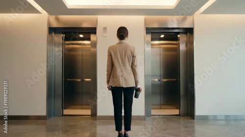 Before The Ascent Quiet Coffee Moment. Coffee Break Timing, Elevator Access, And Still Framing Shape The Moment Before The Ride. One Person Is Visible In Frame