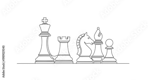 Chess pieces, king, rook, knight, bishop, pawn, black and white line art