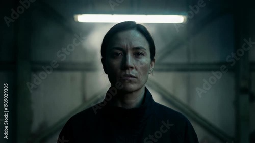 Cinematic Portrait Under Flickering Artificial Light. Artificial Light Pulses, Close Portrait Framing, And Deep Shadow Contrast Define The Dramatic Scene. One Person Is Visible In Frame