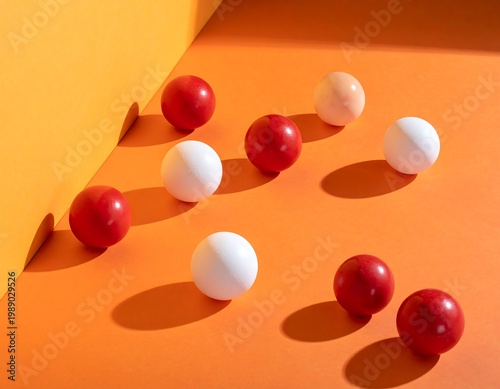 Red and white balls on orange background.