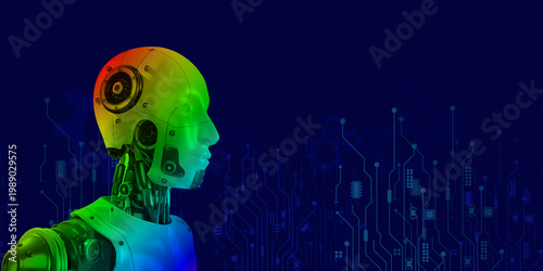 multi color robotic render on circuit diagram isolate on blue. AI circuit diagram data is being processed and analyzed chat and prompt.
