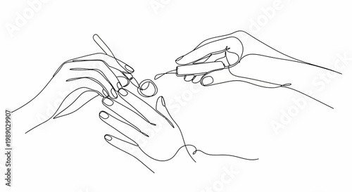 Continuous line drawing of hands applying nail polish and cuticle care
