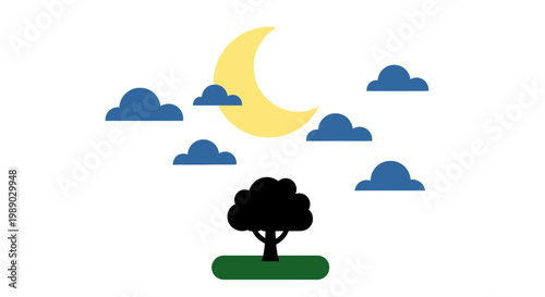 Crescent moon and clouds over solitary tree at night