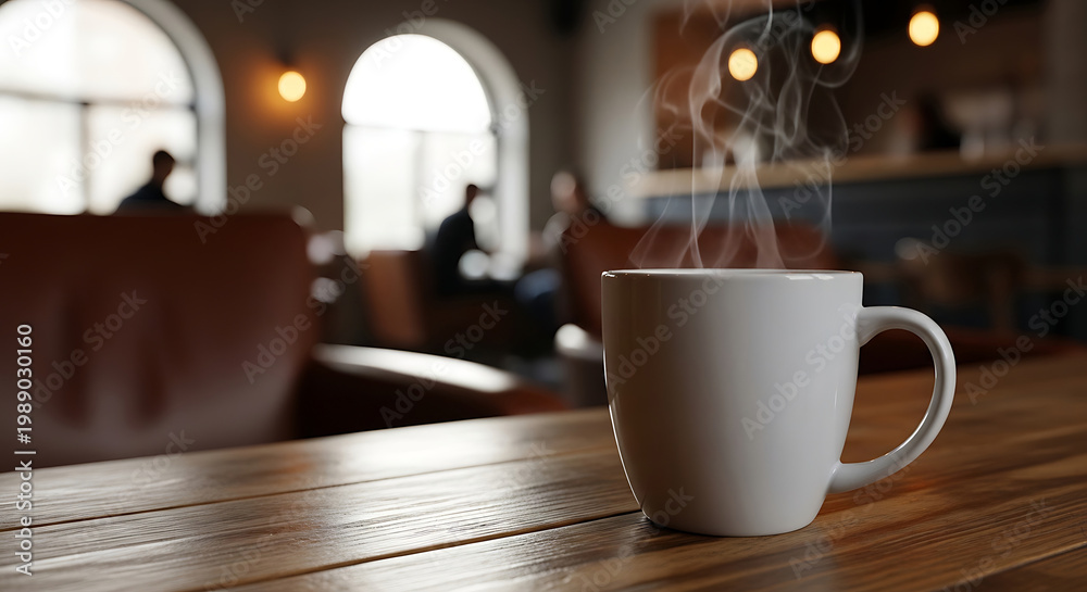 Fototapeta premium Hot Steaming Mug of Coffee on a Wooden Table at a Cozy Cafe Background Blur