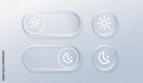 Night mode toggle with glowing moon icon and sun symbol. Glass morphism UI button for switching between dark and light themes on digital screens.