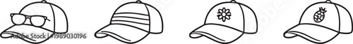 Four different baseball cap designs in a simple black and white line drawing style