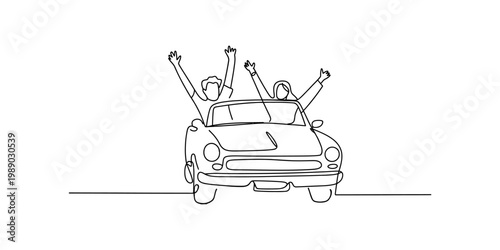 A single continuous line drawing of a happy couple driving a vintage convertible car with joy. Vector, illustration