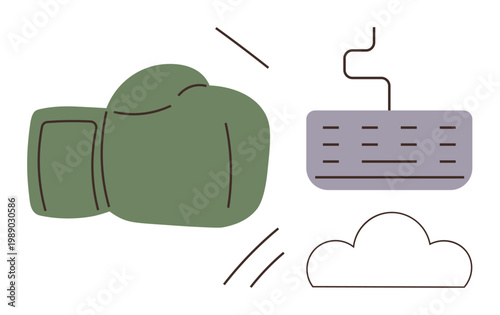Online protection, cyber defense, digital security, hacking prevention, data safety, technology risks. A green boxing glove strikes a keyboard above a cloud icon. Cyber defense and online protection