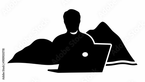 Black silhouette vector of a person working remotely on a laptop computer outdoors in a mountainous landscape