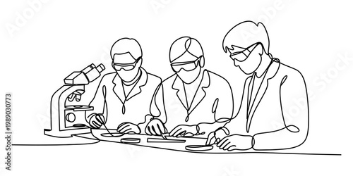 A continuous line drawing of three scientists conducting research in a modern laboratory setting Vector, illustration