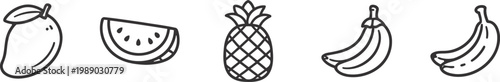 Line art fruit collection mango watermelon pineapple bananas a simple illustrated arrangement