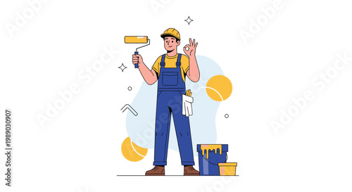 Professional house painter in blue overalls and yellow hard hat holding a roller and showing ok sign next to buckets.