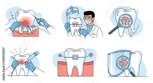 Collection of dental care illustrations showing tooth examination, braces application, germ detection, and medical treatment.