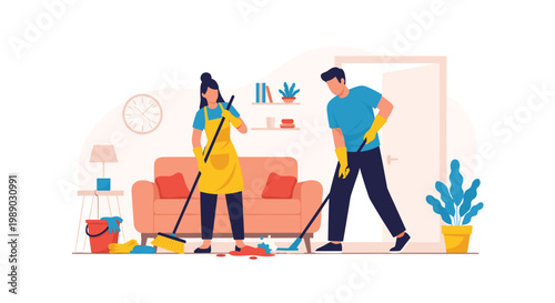Young man and woman working together to clean their living room using a broom and a mop on a light neutral background.