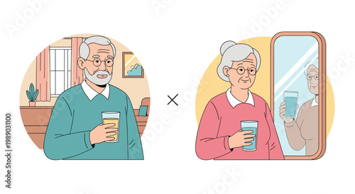 Healthy senior man and woman drinking water and juice to stay hydrated in their daily life at home during retirement.