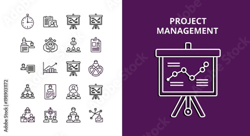 Project management icons and presentation chart with graph.